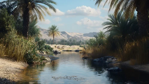 Desert oasis stream with palm trees under clear sky.