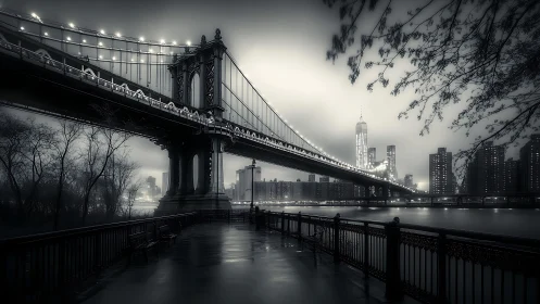 Nocturnal suspension bridge under misted metropolitan skyline.