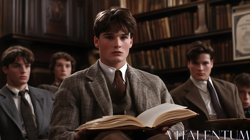 Group of male students reading books in classic library.