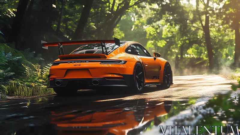 Orange sports car on wet forest road with sunlight reflections.