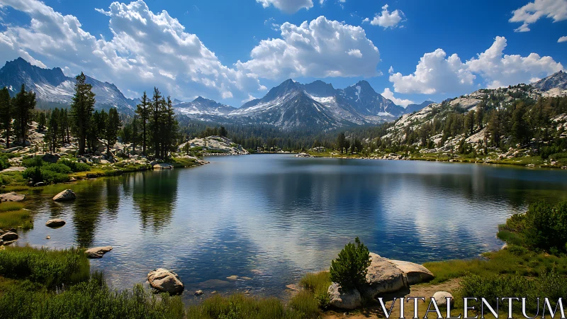 Photorealistic alpine lake vista with mirrored mountain range.
