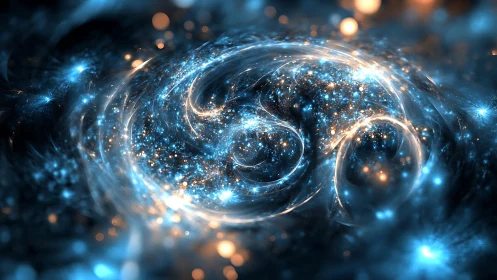 Cosmic energy swirls in a luminous blue and gold nebula