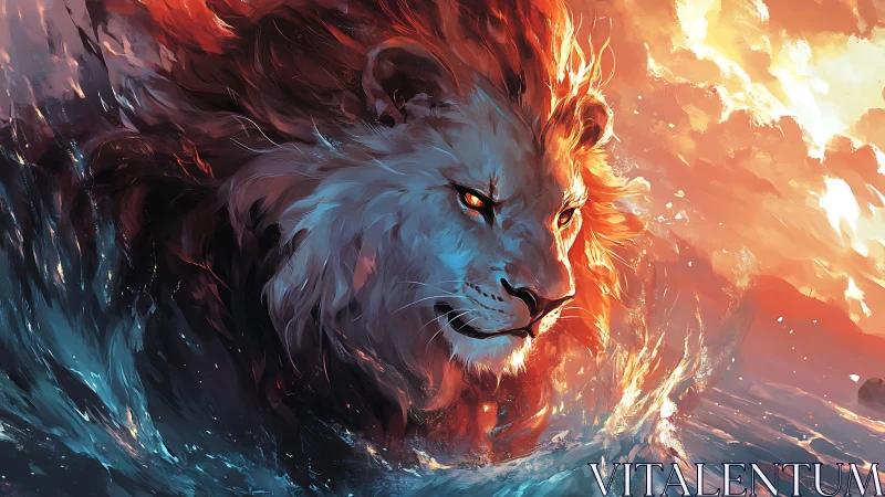 Lion head emerges between stylized fire sky and turbulent sea