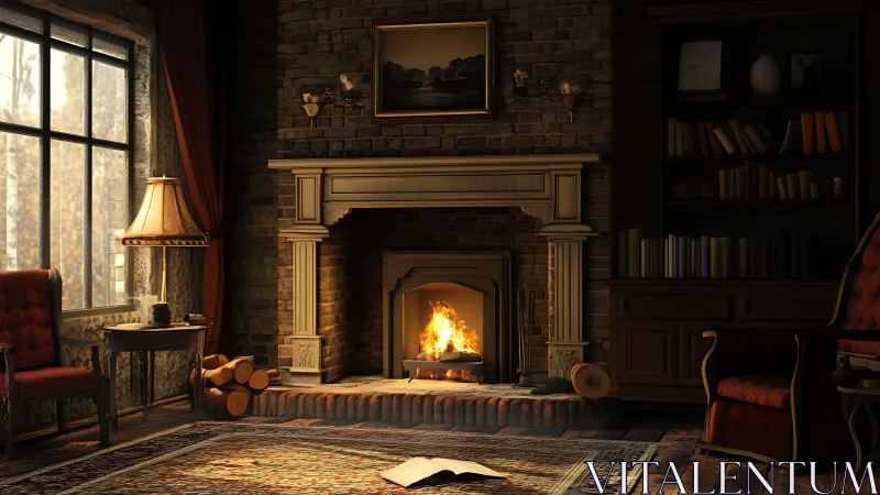 Cozy brick fireplace library interior with warm evening lighting