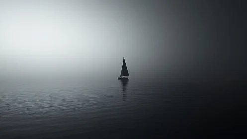 Solitary monohull sailboat in fog on calm reflective water
