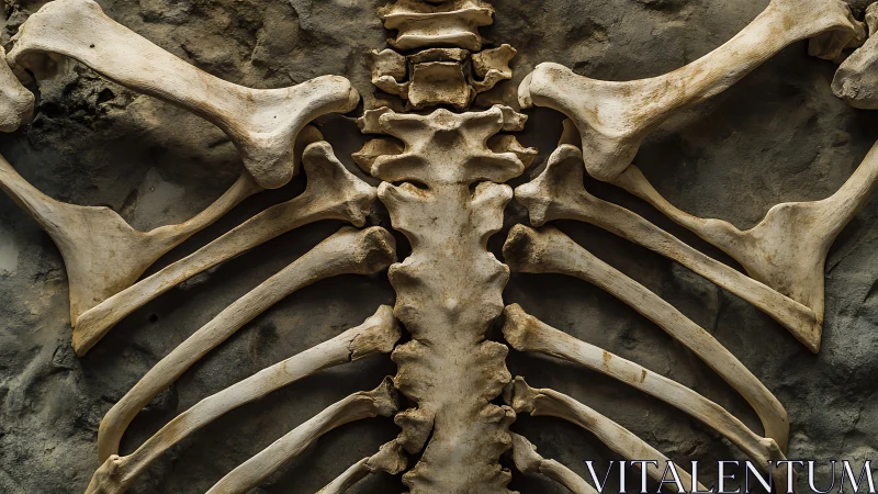 Vertebral column and rib cage bones mounted on stone wall.