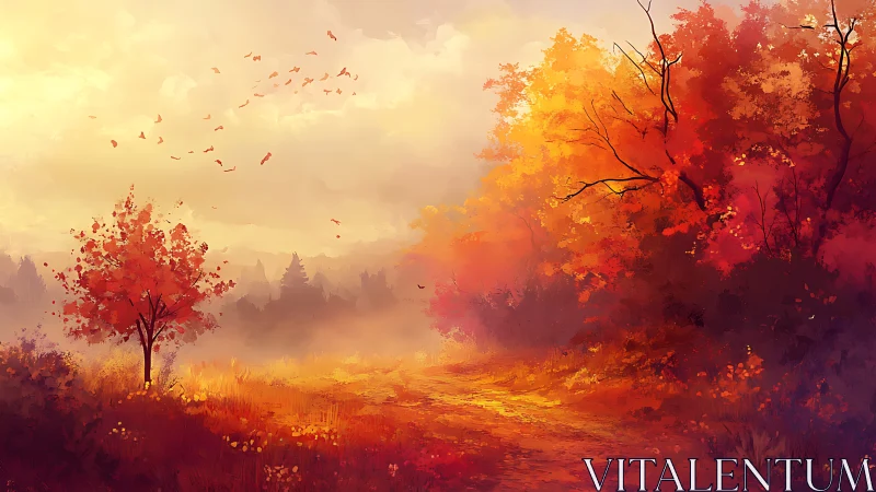 Autumn woodland path under golden atmospheric sunset glow.