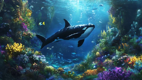 Orca swimming through colorful coral reef seascape scene.