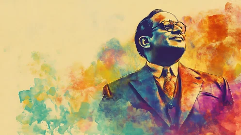 Vibrant watercolor portrait of confident suited man in light.