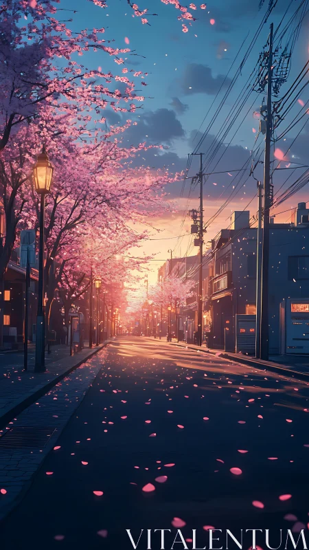 Cherry tree lined urban street is shown at sunset