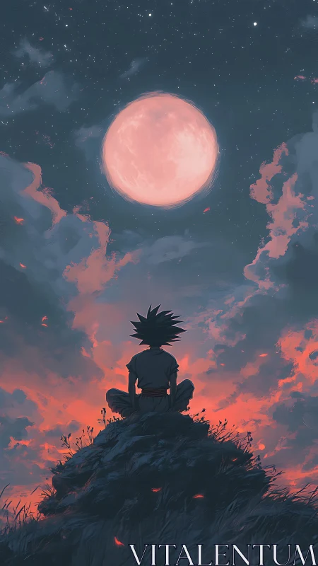 Silhouetted anime figure watches large moon over dusk sky