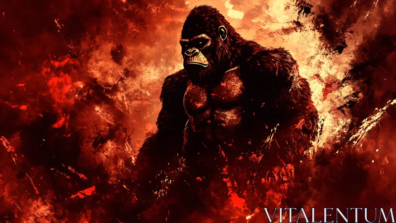 Digital painting of alpha gorilla amid abstract inferno field.