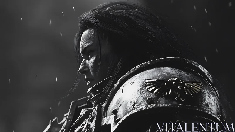 Stoic armored warrior gazing ahead through falling rain.