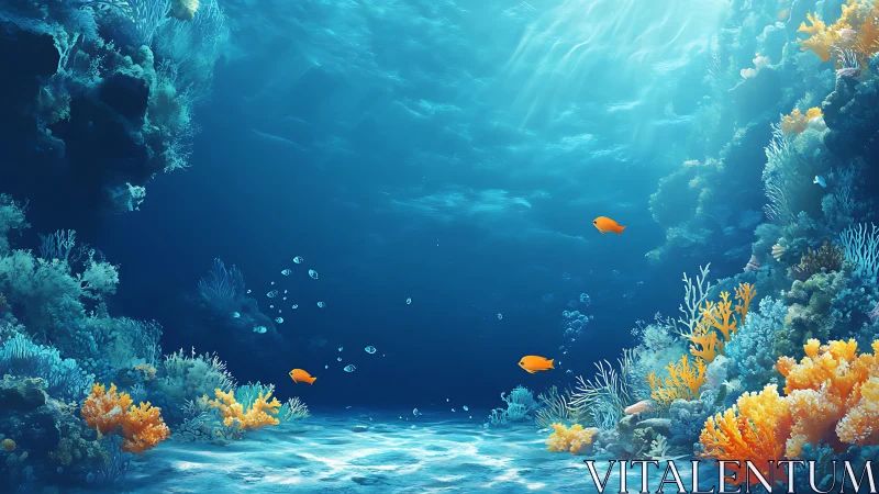 Sunlit coral reef valley hosts vibrant tropical fish