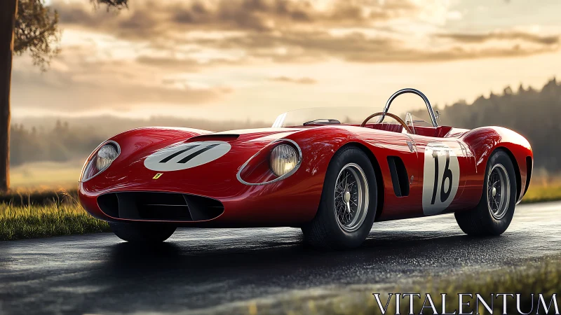 Vintage red race car gleams on wet road at golden sunset.