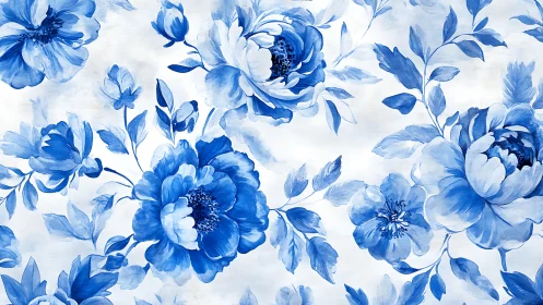 Blue Peony Floral Pattern. Watercolor Botanical Design.