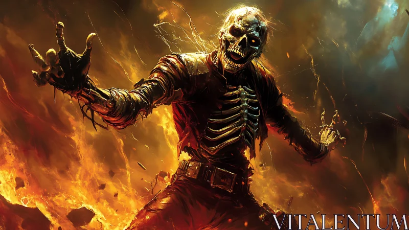 Fiery skeletal warrior rising boldly from swirling flames.