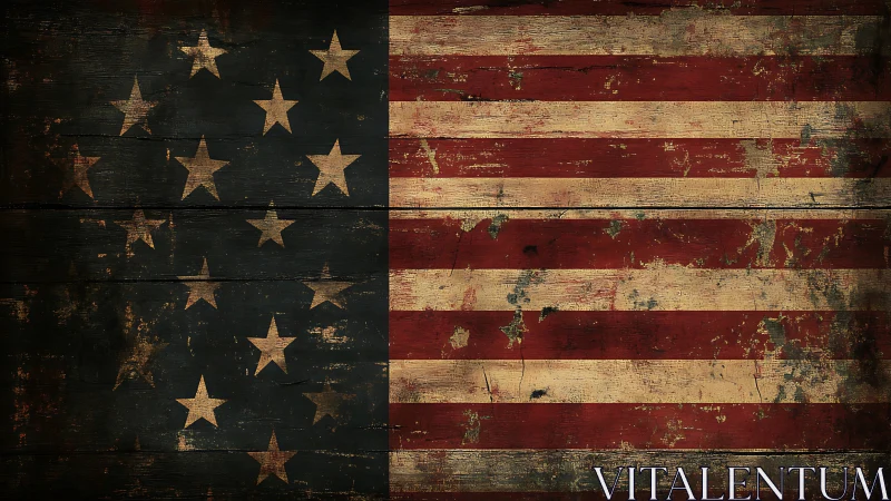 Weathered American flag on distressed wooden planks.