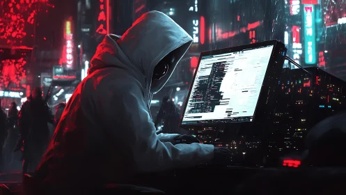 Hooded figure coding at night in neon lit cyberpunk city.