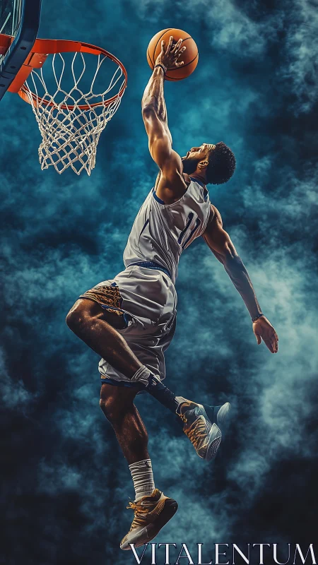 Basketball player soars midair as dramatic clouds frame dunk
