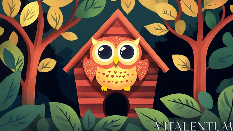 Cute cartoon owl sitting on a birdhouse in a colorful forest scene.