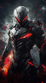 Armored humanoid figure in dark environment with red light.