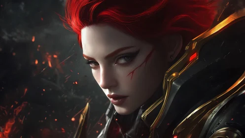 Scarred red-haired warrior glares through embers of battle.