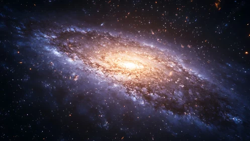 Spiral galaxy core glows amid dense starfield in space.