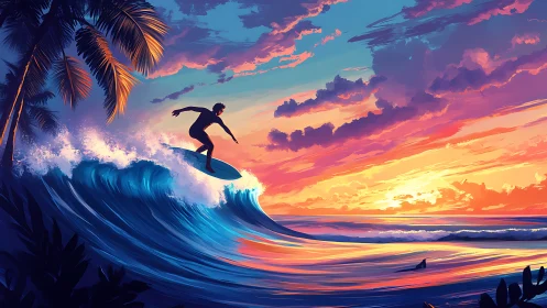 Dynamic surfer silhouette cuts across iridescent sunset wave