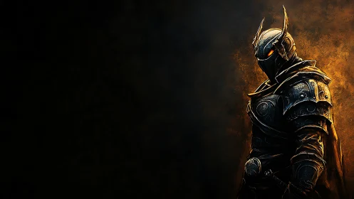 Dark armored knight emerges from glowing embers of battle.