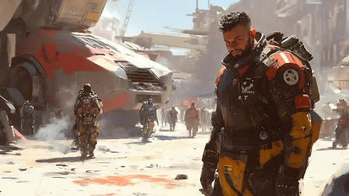 Stoic space mercenary walks a dusty sci‑fi shipyard street