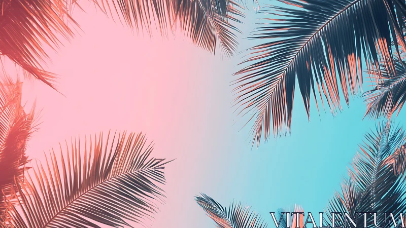 Neon tropical palm leaves against pink and cyan gradient sky.