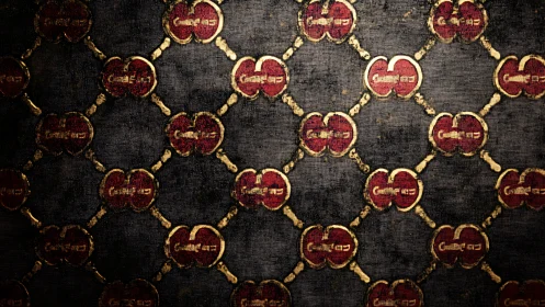 Aged metallic lattice with repeating clover medallion motifs.