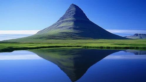 Solitary mountain rises over mirrored lake in crisp light