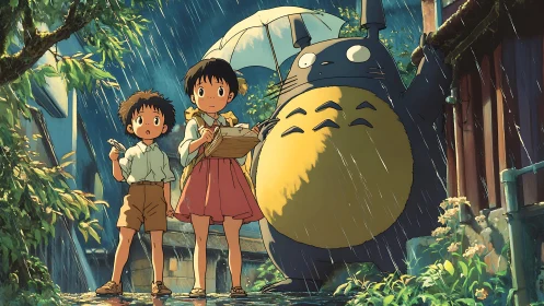 Two children and large forest creature stand together in rain.