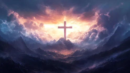 Radiant cross rising over misty mountains at dawn.