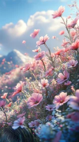 Digital rendering shows pink wildflowers on a mountain slope.