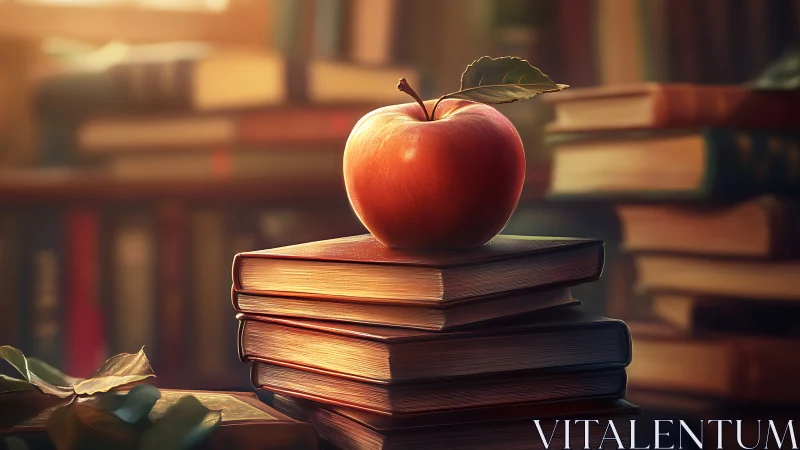 Crimson apple crowns worn library books in golden hush.