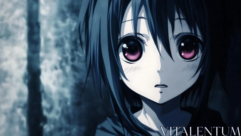 Melancholic anime girl close up with violet reflective eyes