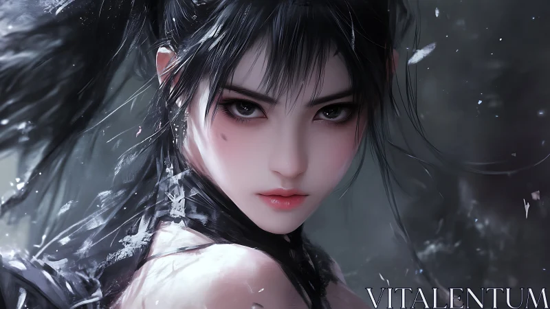 Storm-lit warrior girl meets the viewer with steady resolve