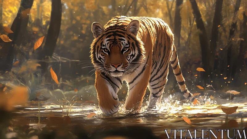 Digital painting of tiger striding through autumn forest stream.