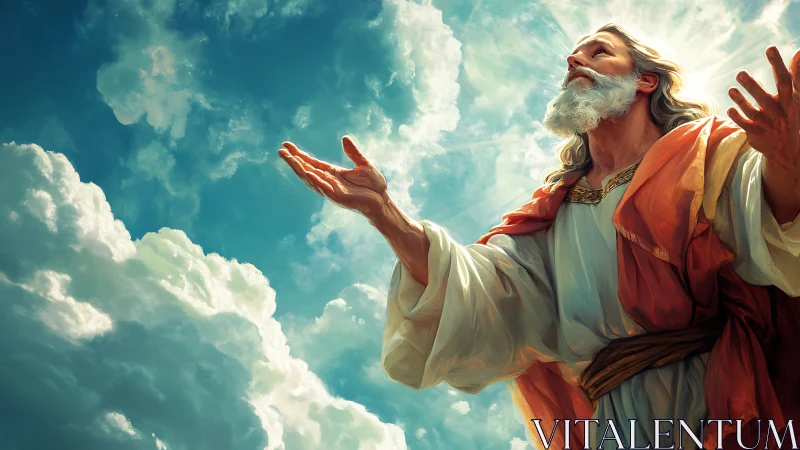 Older robed man raises open arms beneath bright cloudy sky