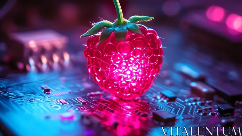 Glowing neon raspberry illuminates futuristic circuit board