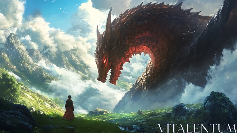 Solitary figure confronting colossal red dragon form.