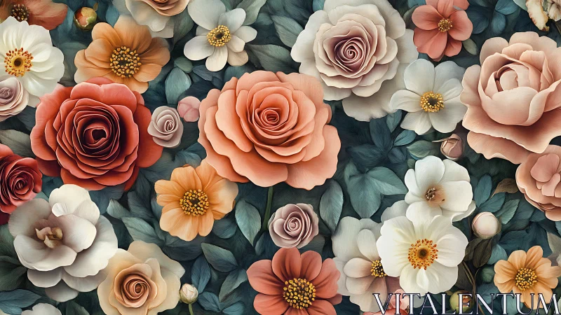 Layered Blooms: Roses, Cosmos and Dahlias in Coral, Cream, and Mauve.