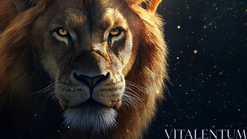 Lion&rsquo;s ember eyes measure starlit dust across the dark