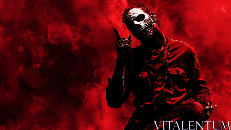 Masked figure in red smoke with eerie high contrast lighting.