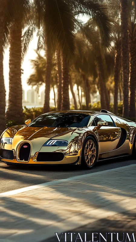 Gold-chrome hypercar reflects palm-lined boulevard in low sun