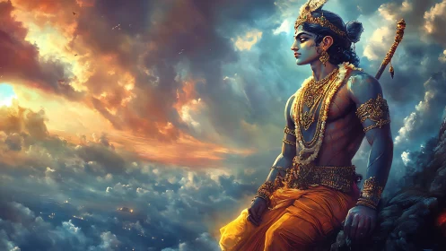 Digital painting of divine warrior in luminous cloudscape profile.