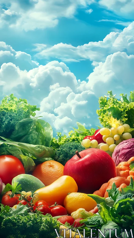 Foreground produce arrangement occupies frame under clouded sky
